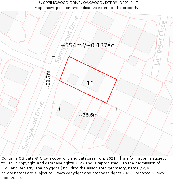 16, SPRINGWOOD DRIVE, OAKWOOD, DERBY, DE21 2HE: Plot and title map