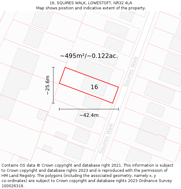 16, SQUIRES WALK, LOWESTOFT, NR32 4LA: Plot and title map
