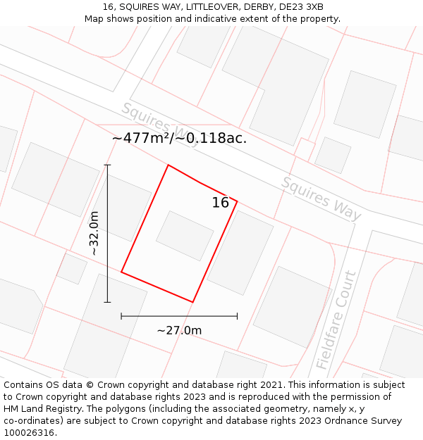 16, SQUIRES WAY, LITTLEOVER, DERBY, DE23 3XB: Plot and title map