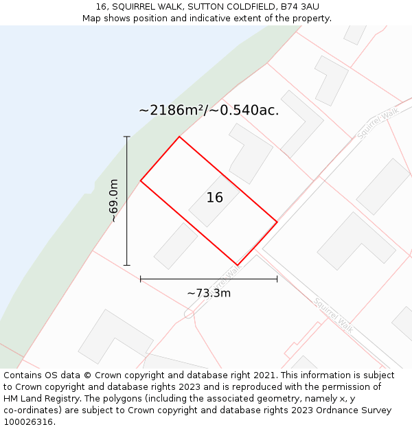 16, SQUIRREL WALK, SUTTON COLDFIELD, B74 3AU: Plot and title map
