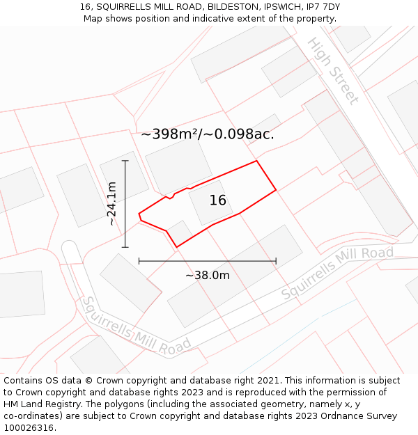 16, SQUIRRELLS MILL ROAD, BILDESTON, IPSWICH, IP7 7DY: Plot and title map