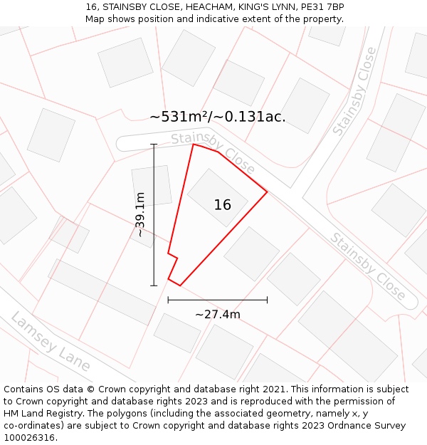 16, STAINSBY CLOSE, HEACHAM, KING'S LYNN, PE31 7BP: Plot and title map