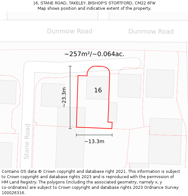 16, STANE ROAD, TAKELEY, BISHOP'S STORTFORD, CM22 6FW: Plot and title map