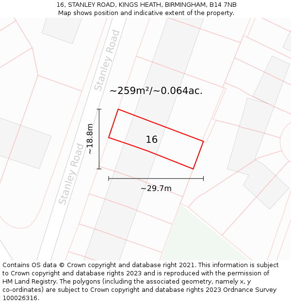 16, STANLEY ROAD, KINGS HEATH, BIRMINGHAM, B14 7NB: Plot and title map