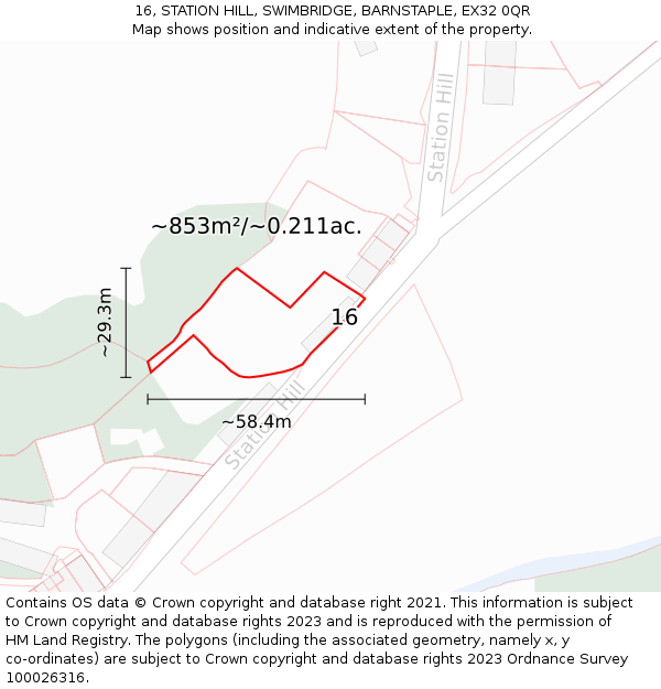 16, STATION HILL, SWIMBRIDGE, BARNSTAPLE, EX32 0QR: Plot and title map