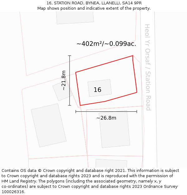 16, STATION ROAD, BYNEA, LLANELLI, SA14 9PR: Plot and title map