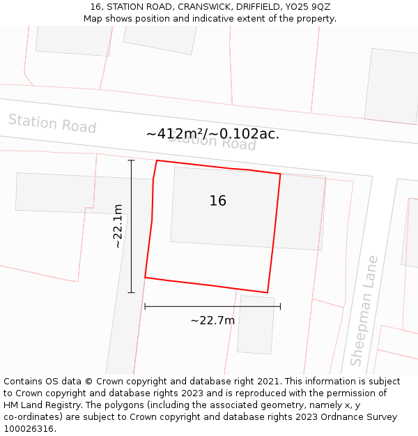 16, STATION ROAD, CRANSWICK, DRIFFIELD, YO25 9QZ: Plot and title map