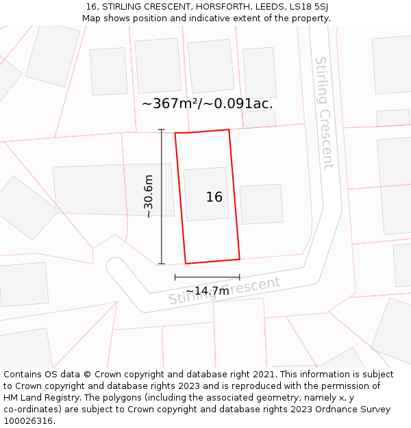 16, STIRLING CRESCENT, HORSFORTH, LEEDS, LS18 5SJ: Plot and title map