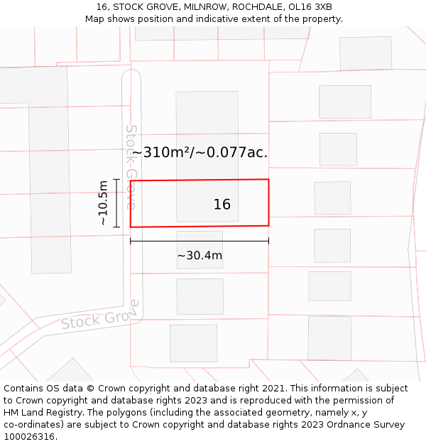 16, STOCK GROVE, MILNROW, ROCHDALE, OL16 3XB: Plot and title map