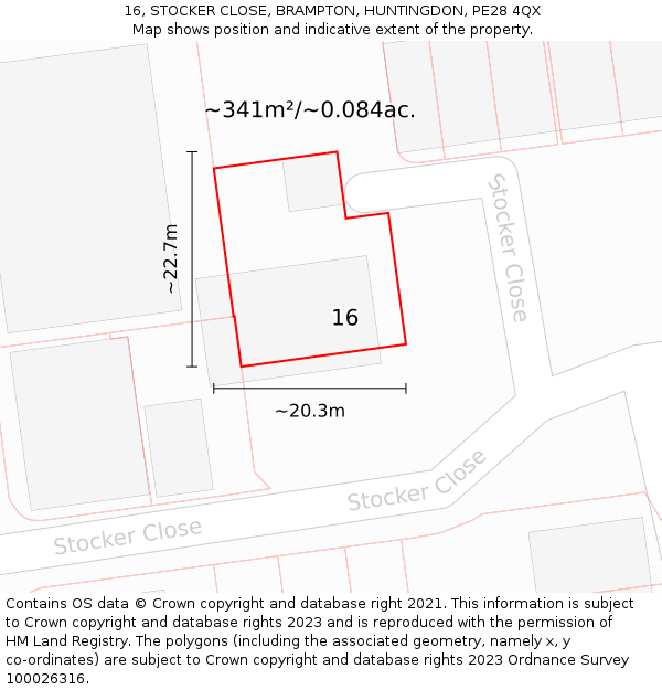 16, STOCKER CLOSE, BRAMPTON, HUNTINGDON, PE28 4QX: Plot and title map