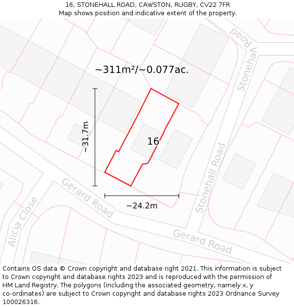16, STONEHALL ROAD, CAWSTON, RUGBY, CV22 7FR: Plot and title map