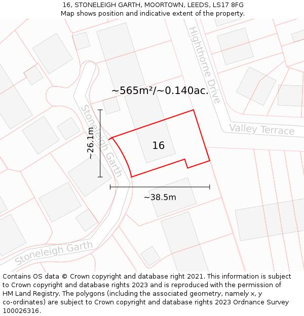 16, STONELEIGH GARTH, MOORTOWN, LEEDS, LS17 8FG: Plot and title map