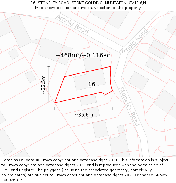 16, STONELEY ROAD, STOKE GOLDING, NUNEATON, CV13 6JN: Plot and title map