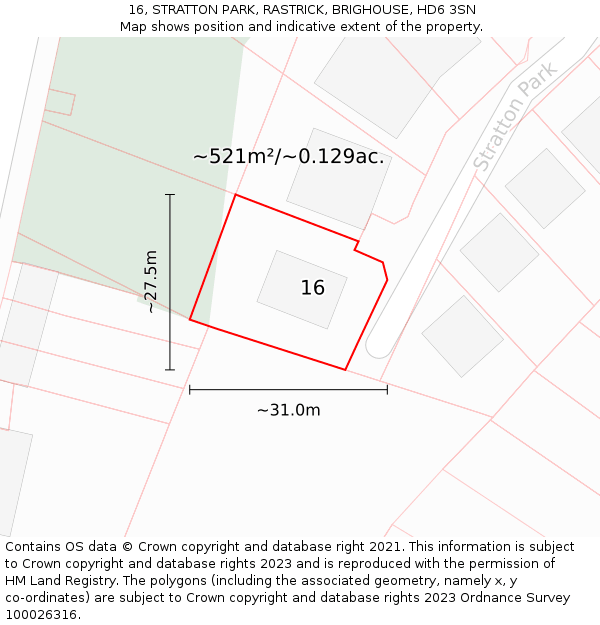 16, STRATTON PARK, RASTRICK, BRIGHOUSE, HD6 3SN: Plot and title map