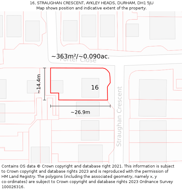 16, STRAUGHAN CRESCENT, AYKLEY HEADS, DURHAM, DH1 5JU: Plot and title map