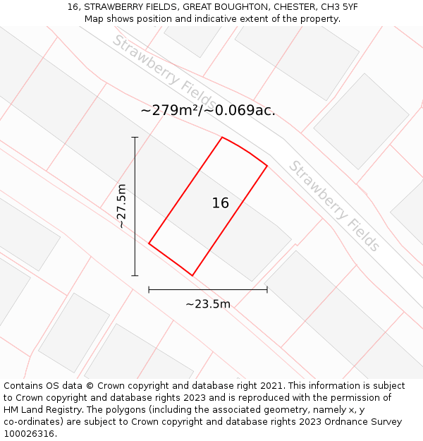16, STRAWBERRY FIELDS, GREAT BOUGHTON, CHESTER, CH3 5YF: Plot and title map