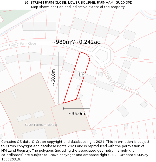 16, STREAM FARM CLOSE, LOWER BOURNE, FARNHAM, GU10 3PD: Plot and title map