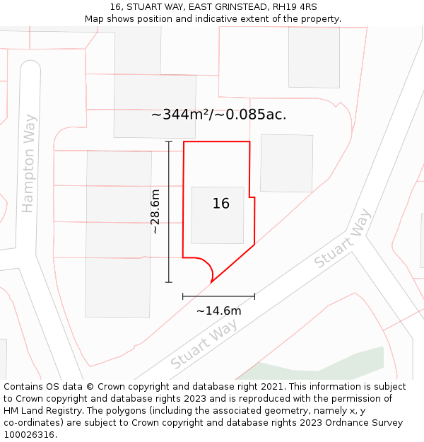 16, STUART WAY, EAST GRINSTEAD, RH19 4RS: Plot and title map