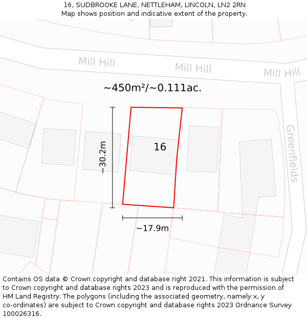 16, SUDBROOKE LANE, NETTLEHAM, LINCOLN, LN2 2RN: Plot and title map