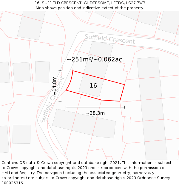16, SUFFIELD CRESCENT, GILDERSOME, LEEDS, LS27 7WB: Plot and title map