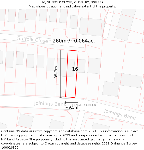 16, SUFFOLK CLOSE, OLDBURY, B68 8RP: Plot and title map