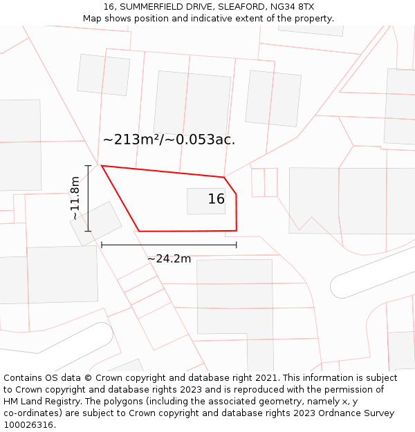 16, SUMMERFIELD DRIVE, SLEAFORD, NG34 8TX: Plot and title map