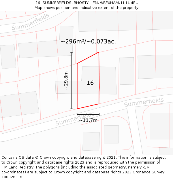 16, SUMMERFIELDS, RHOSTYLLEN, WREXHAM, LL14 4EU: Plot and title map