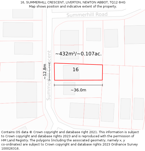 16, SUMMERHILL CRESCENT, LIVERTON, NEWTON ABBOT, TQ12 6HG: Plot and title map