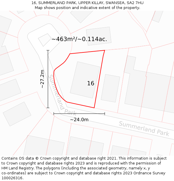 16, SUMMERLAND PARK, UPPER KILLAY, SWANSEA, SA2 7HU: Plot and title map