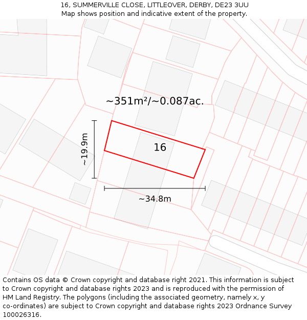 16, SUMMERVILLE CLOSE, LITTLEOVER, DERBY, DE23 3UU: Plot and title map