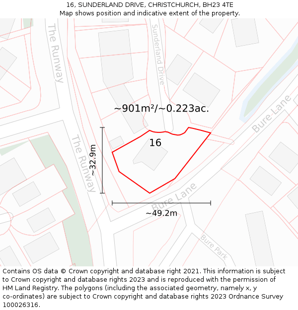 16, SUNDERLAND DRIVE, CHRISTCHURCH, BH23 4TE: Plot and title map