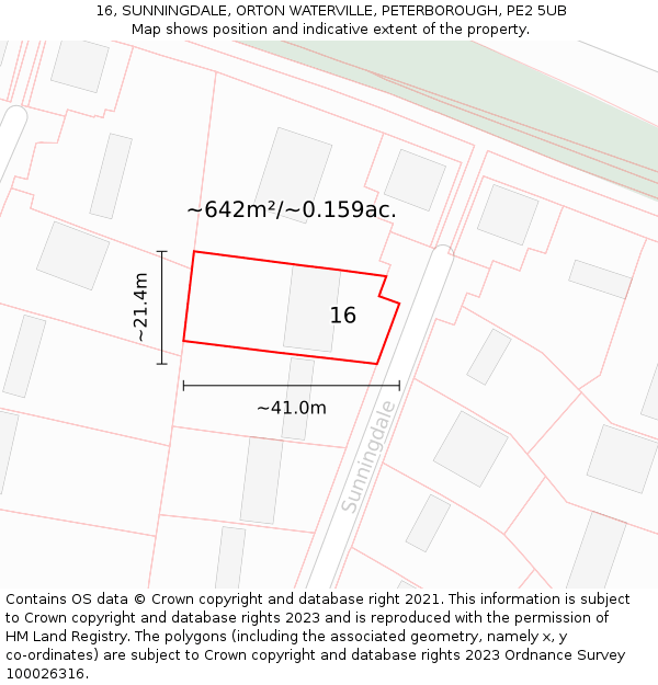 16, SUNNINGDALE, ORTON WATERVILLE, PETERBOROUGH, PE2 5UB: Plot and title map