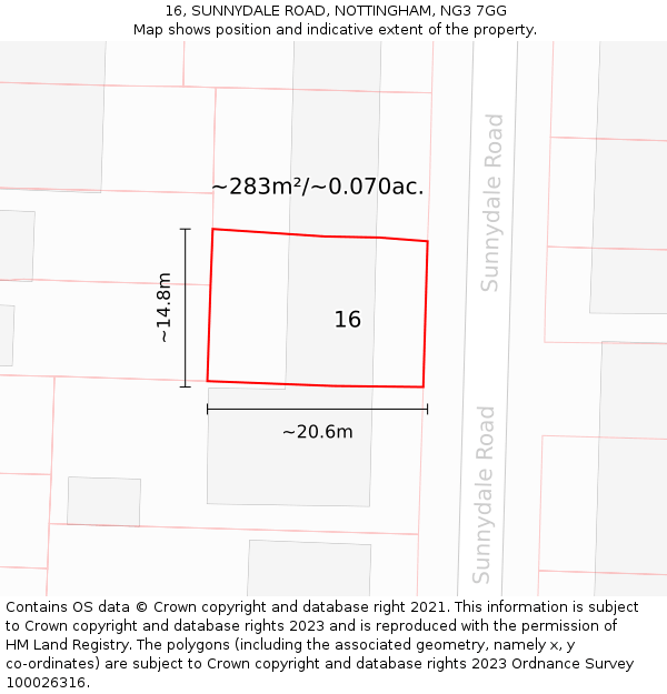 16, SUNNYDALE ROAD, NOTTINGHAM, NG3 7GG: Plot and title map