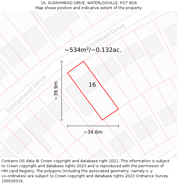16, SUNNYMEAD DRIVE, WATERLOOVILLE, PO7 6DA: Plot and title map