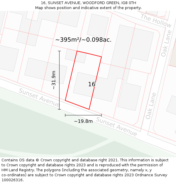 16, SUNSET AVENUE, WOODFORD GREEN, IG8 0TH: Plot and title map