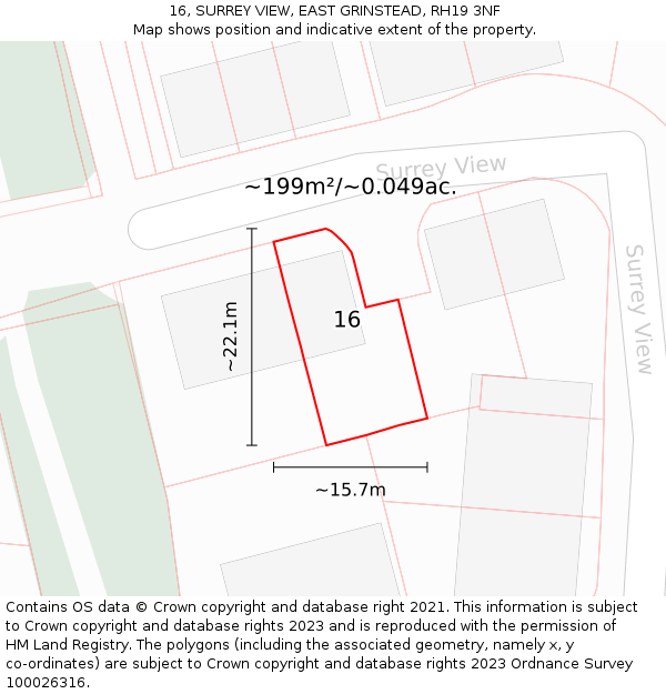 16, SURREY VIEW, EAST GRINSTEAD, RH19 3NF: Plot and title map