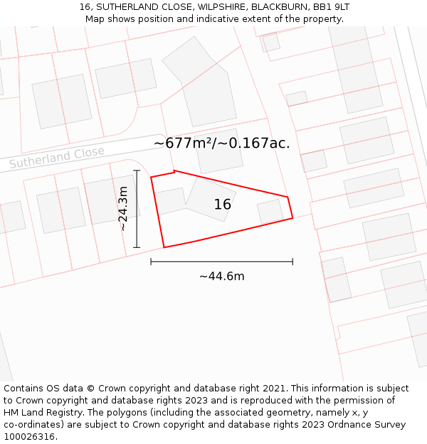 16, SUTHERLAND CLOSE, WILPSHIRE, BLACKBURN, BB1 9LT: Plot and title map