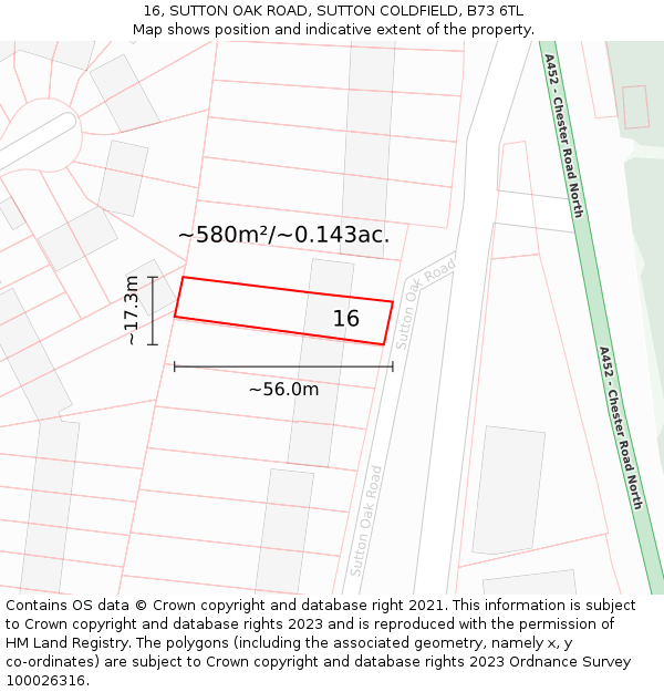 16, SUTTON OAK ROAD, SUTTON COLDFIELD, B73 6TL: Plot and title map