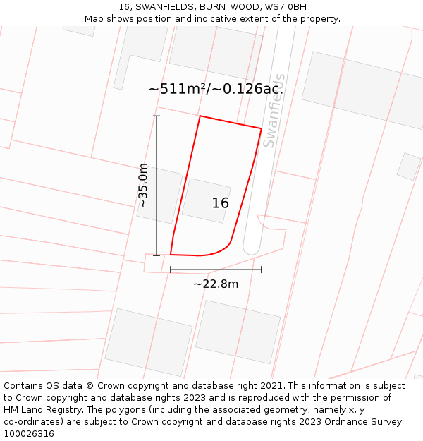 16, SWANFIELDS, BURNTWOOD, WS7 0BH: Plot and title map