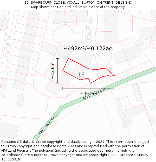 16, SWARBOURN CLOSE, YOXALL, BURTON-ON-TRENT, DE13 8NX: Plot and title map