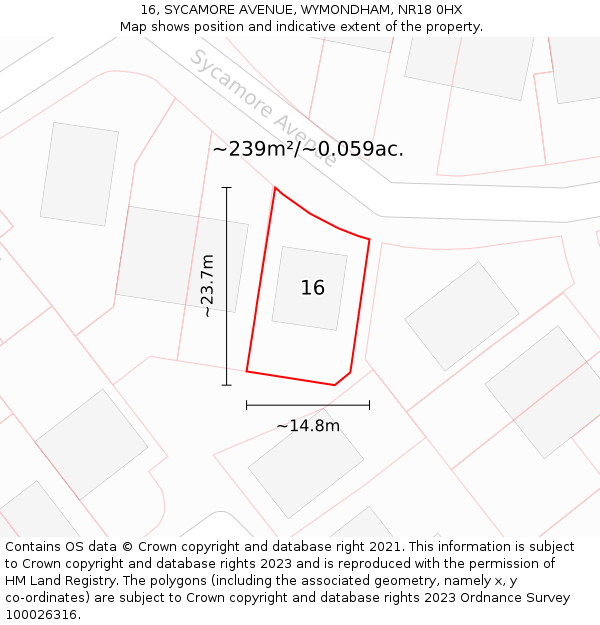 16, SYCAMORE AVENUE, WYMONDHAM, NR18 0HX: Plot and title map