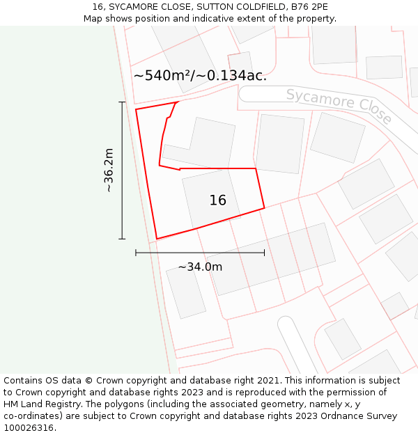 16, SYCAMORE CLOSE, SUTTON COLDFIELD, B76 2PE: Plot and title map