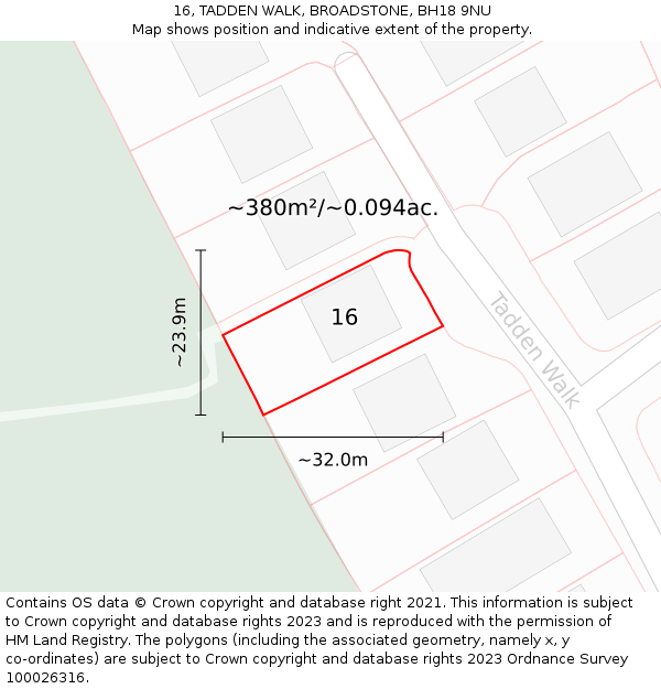 16, TADDEN WALK, BROADSTONE, BH18 9NU: Plot and title map
