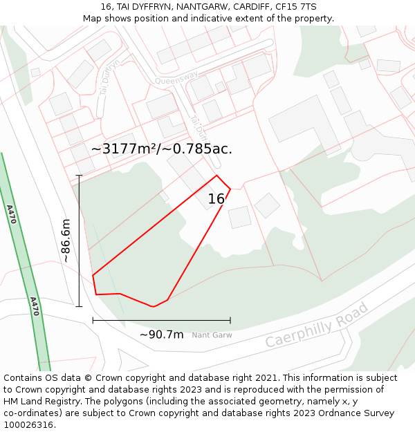 16, TAI DYFFRYN, NANTGARW, CARDIFF, CF15 7TS: Plot and title map