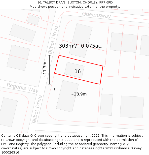 16, TALBOT DRIVE, EUXTON, CHORLEY, PR7 6PD: Plot and title map