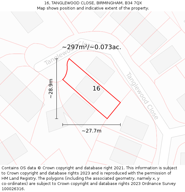 16, TANGLEWOOD CLOSE, BIRMINGHAM, B34 7QX: Plot and title map