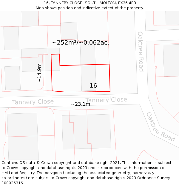 16, TANNERY CLOSE, SOUTH MOLTON, EX36 4FB: Plot and title map
