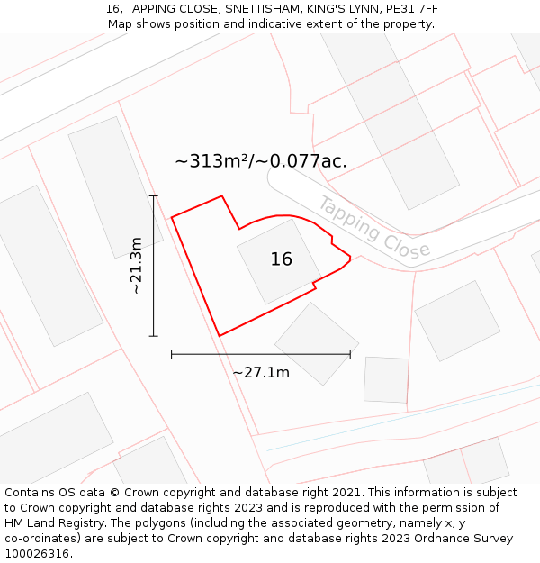 16, TAPPING CLOSE, SNETTISHAM, KING'S LYNN, PE31 7FF: Plot and title map