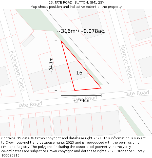 16, TATE ROAD, SUTTON, SM1 2SY: Plot and title map