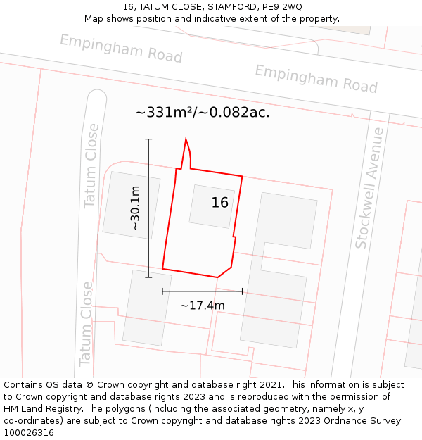 16, TATUM CLOSE, STAMFORD, PE9 2WQ: Plot and title map